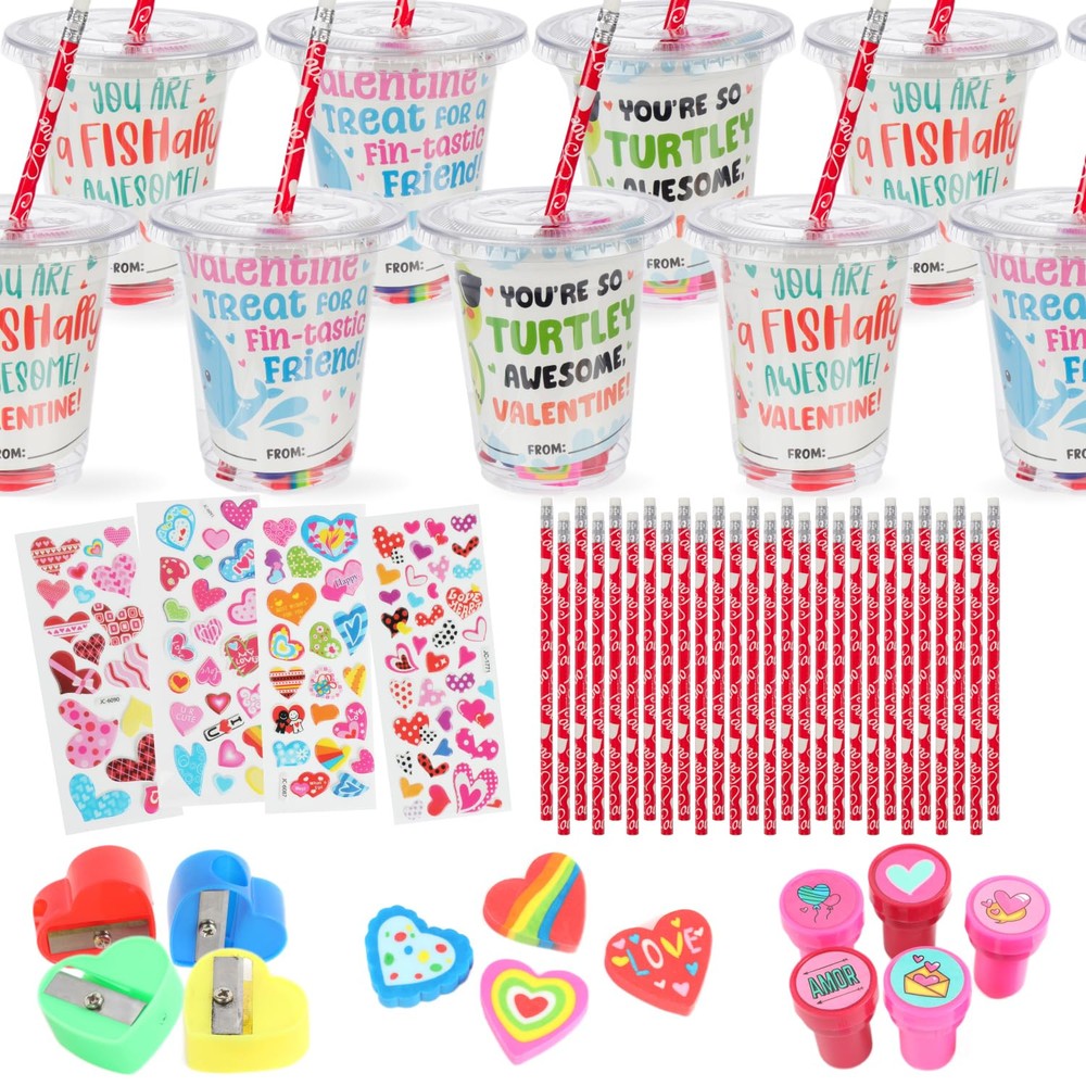 30-Pack Kids Valentine Classroom Gifts Set with Stationery and Cup