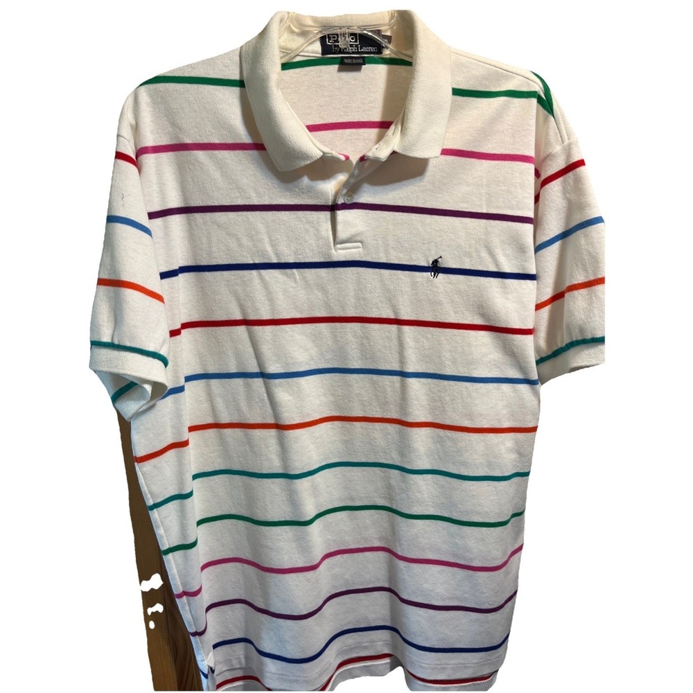 Polo Ralph Lauren Mens XL White Rainbow Striped Short Sleeve Button Cotton Shirt