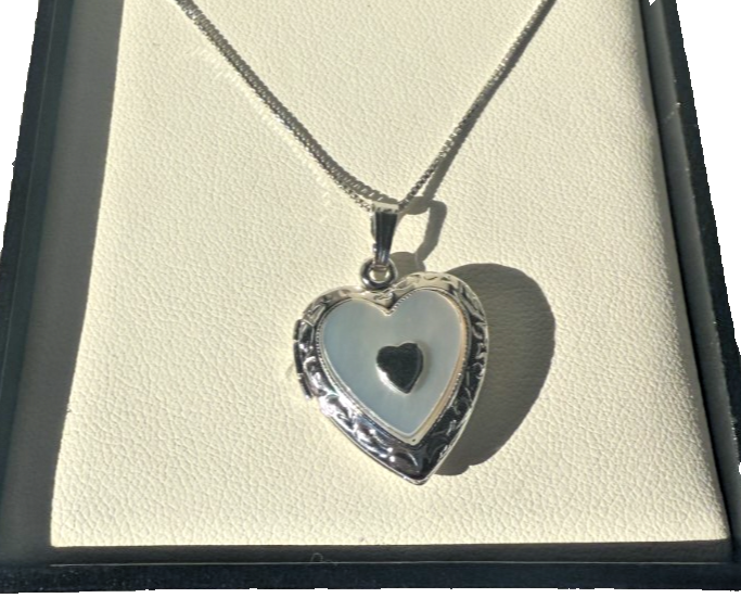 Sterling Silver Double Heart Locket with Mother-of-Pearl Stone Necklace New in Box
