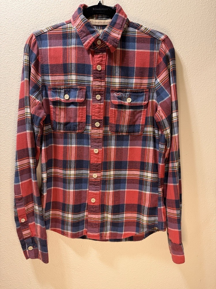 HOLLISTER Y2K Red Plaid Flannel Button up Shirt Blouse Size Small