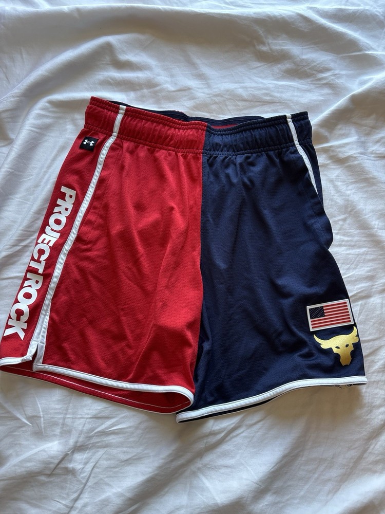 Under Armour Project Rock Men's Red Navy Mesh Athletic Shorts M Drawstring