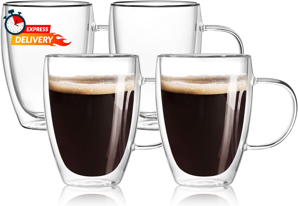 4-Pack 12oz Double-Walled Insulated Glass Coffee Mugs with Handle