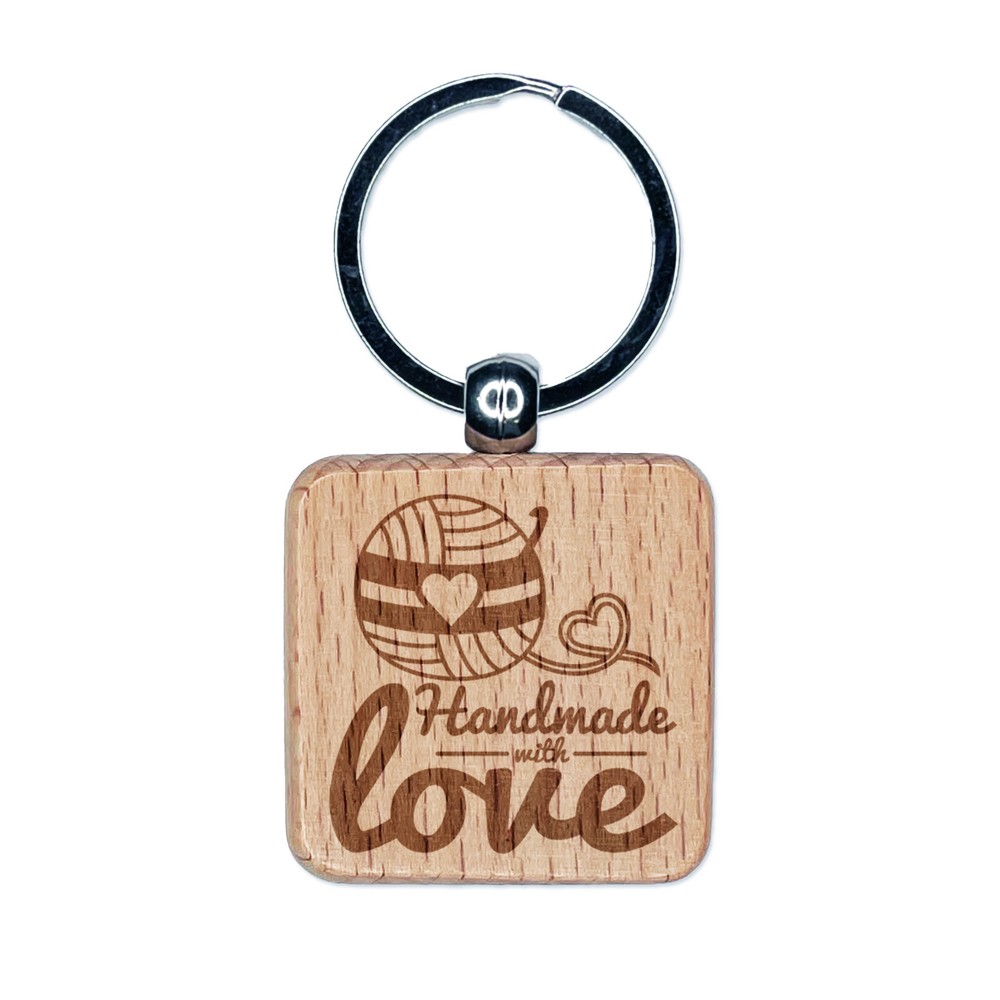 Handmade With Love Crochet Yarn Engraved Wood Square Keychain Tag Charm