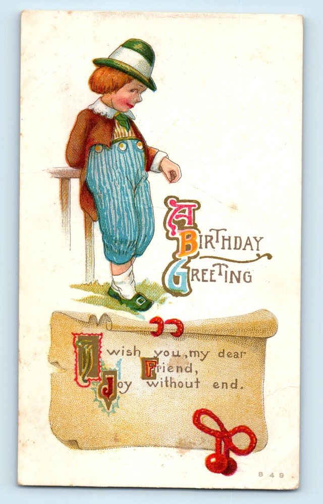 Victorian Little Boy Birthday Postcard in Dress & Green Hat C3