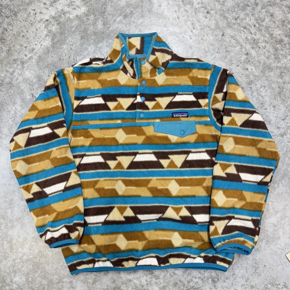 Patagonia Synchilla Womens Medium fleece pullover Brown Blue Geometric aztec