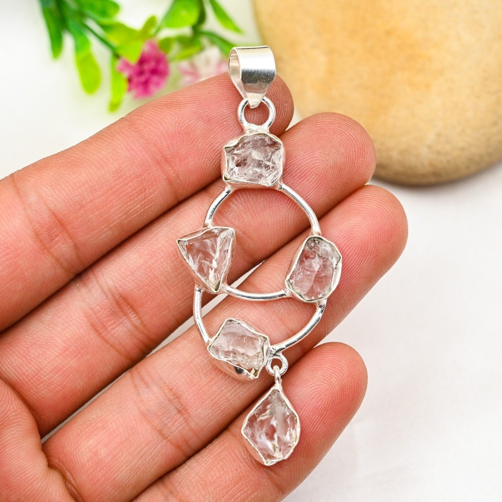 Raw Clear Quartz Pendant in 925 Sterling Silver Handmade Love Jewelry Gift