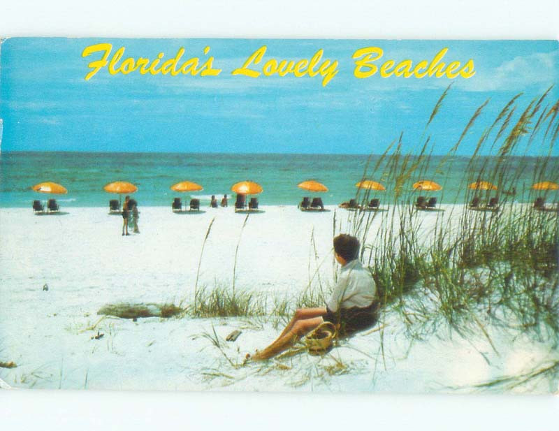 Vintage Yellow Umbrellas on Sarasota Florida Beach Pre-1980 Postmarked d7713