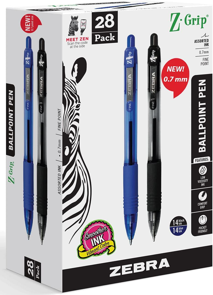 ‎Zebra Pen Zebra Pens Z Grip - 28 Pack Ink Pens, Retractable Ballpoint Z-Grip Fi