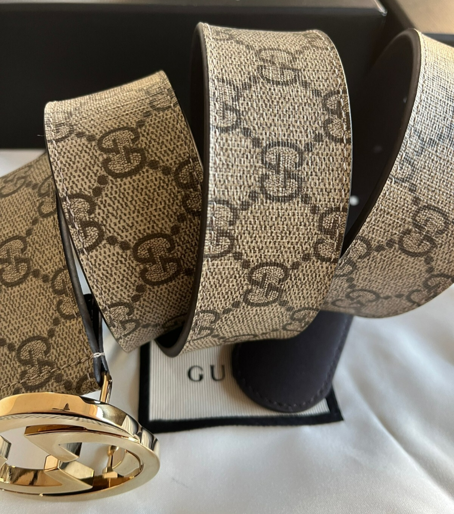 Gucci Gold Buckle GG Monogram Supreme Brown Leather Belt Size 85 cm fit's 28-30W