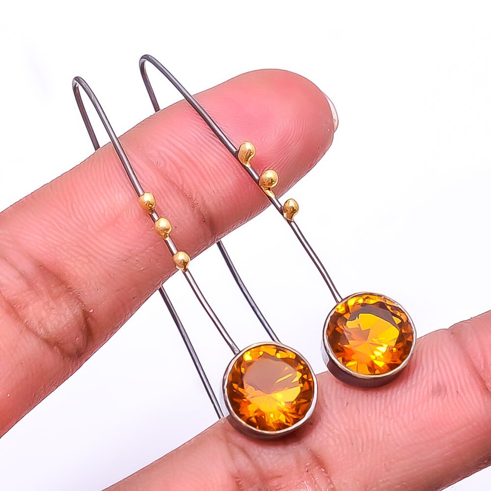 Citrine Sterling Silver Black Gold Rhodium Plated Earrings 1.95 inches E21