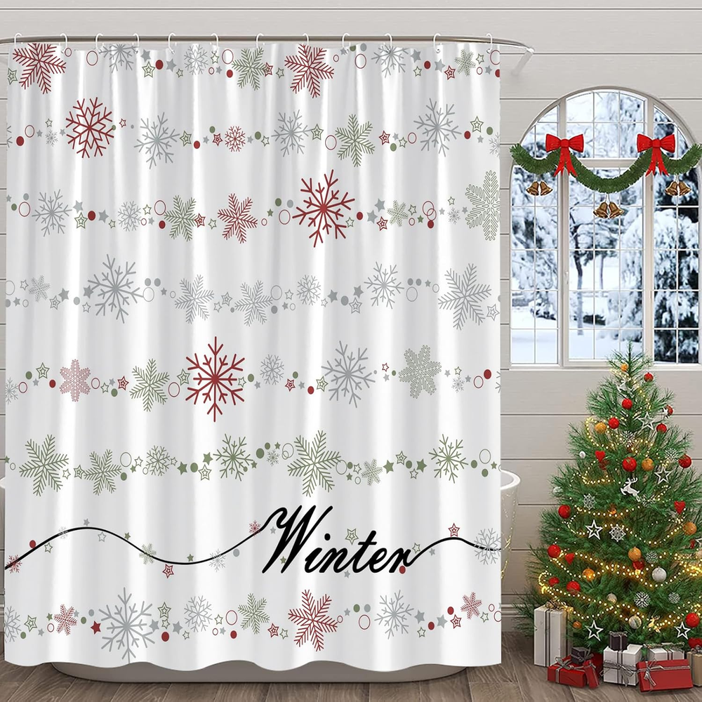 Christmas Shower Curtain Snowflake Xmas Snow Red Sage Green Grey Winter Holiday