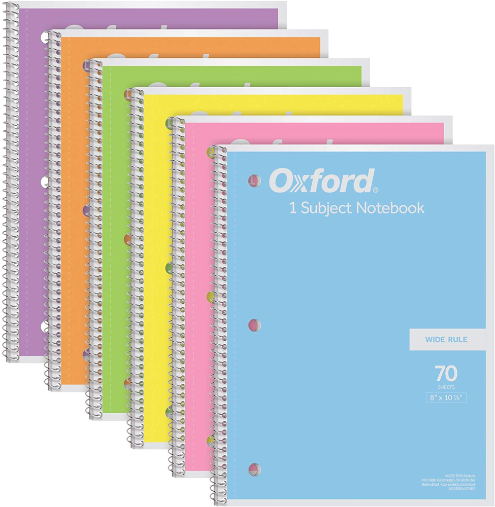 6-Pack Spiral Notebooks, 1 Subject Wide Ruled, 8x10.5 Inch Pastel Design