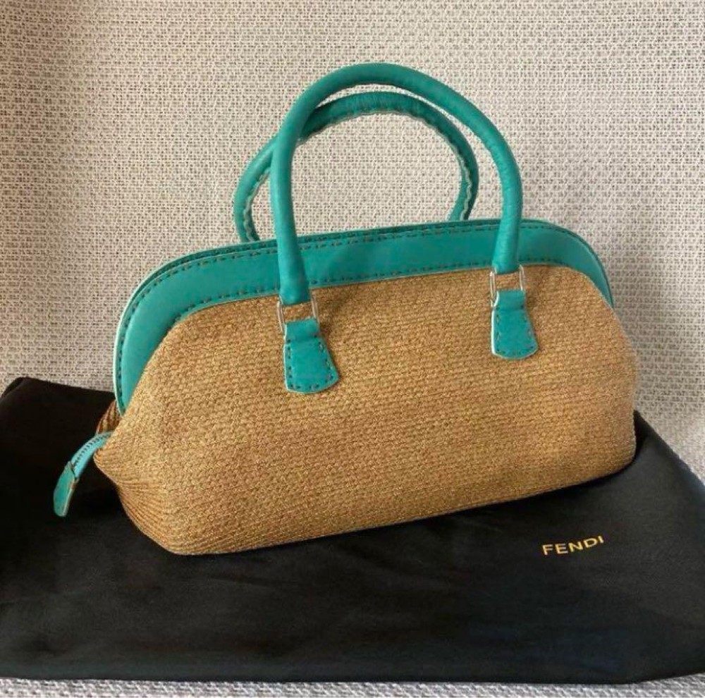 Vintage FENDI Selleria Raffia Turquoise Blue Doctor Bag