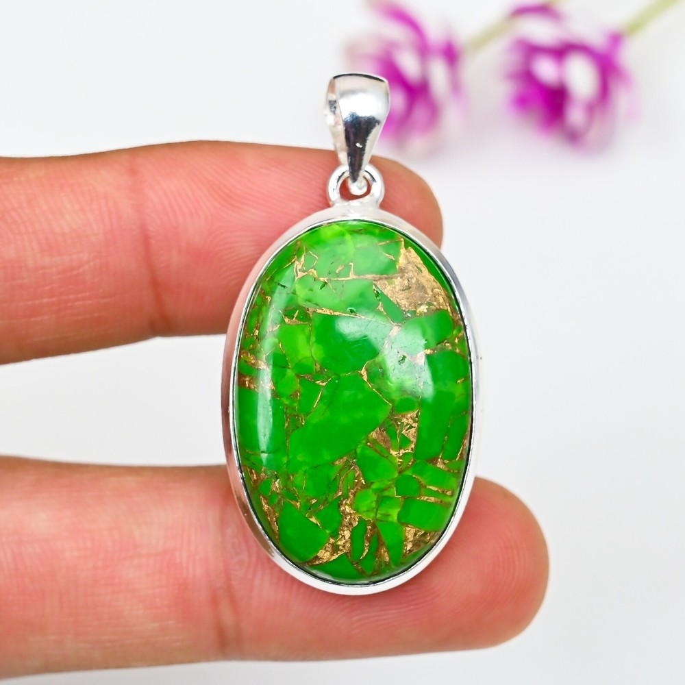 Green Copper Turquoise Gemstone Pendant 925 Sterling Silver Birthstone Jewelry