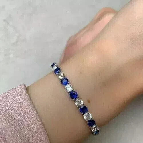 8Ct Round Lab Sapphire Tennis Bracelet 14k White Gold Plated 7 Inch