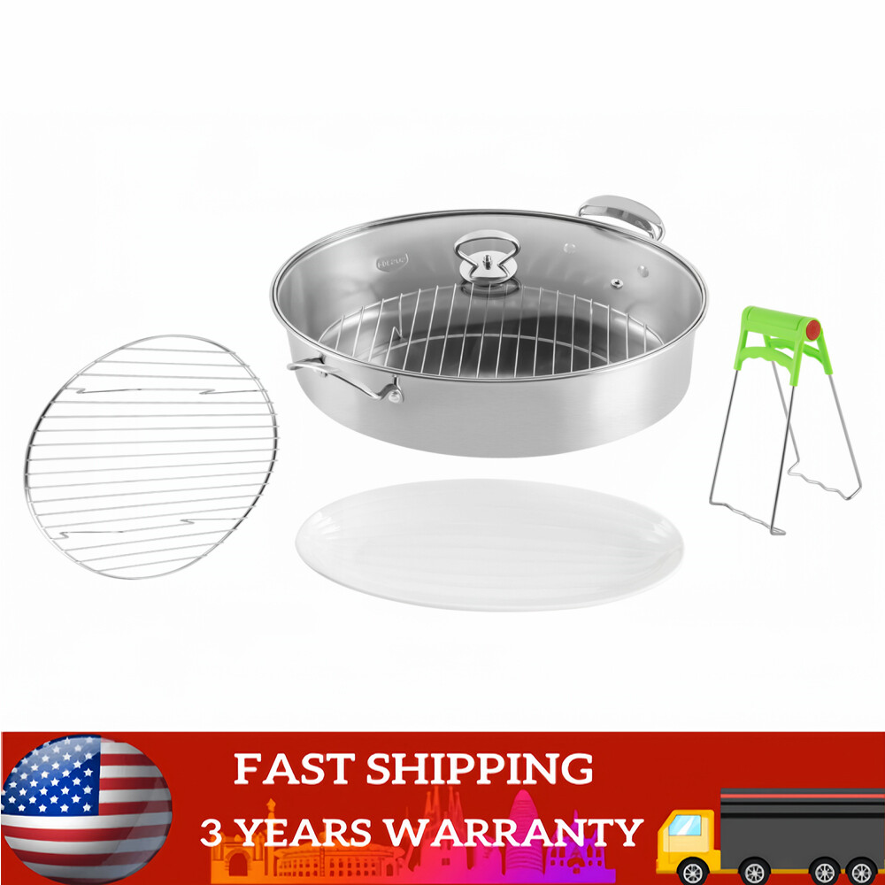 Kitchen Oval Roasting Pan 15 Inch Steel Baking Tray Lid & Rack Portable Roaster