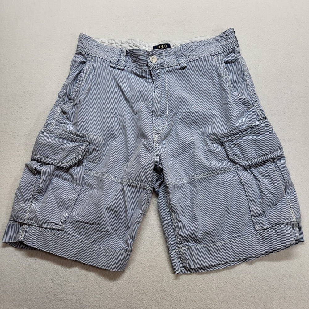 Polo Ralph Lauren Cargo Shorts Men 34 Blue White Hickory Stripe Railroad *STAIN