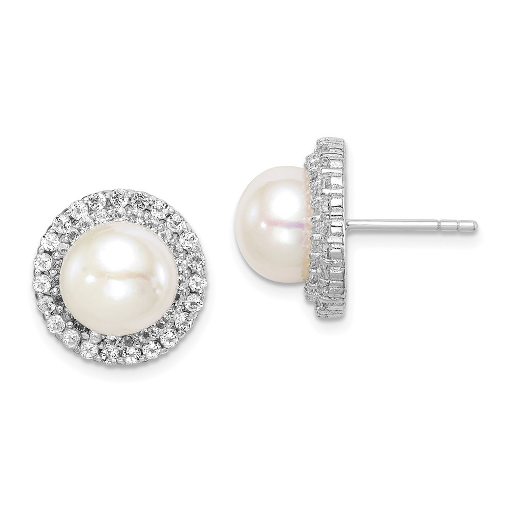 Sterling Silver 8-9mm White Cultured Pearl & Cubic Zirconia Stud Earrings 3.33gm