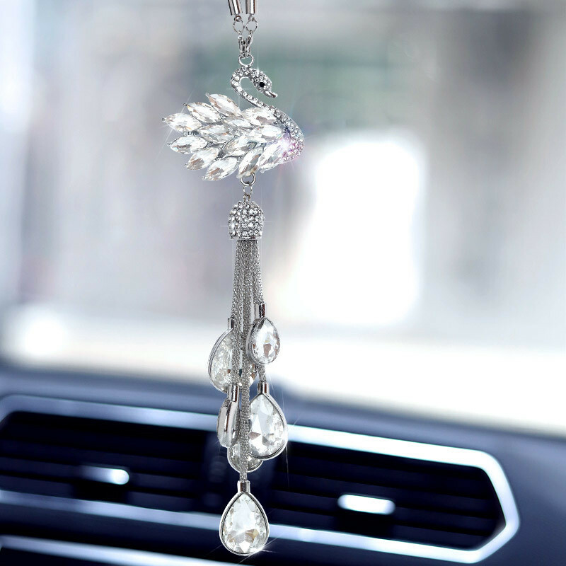 Car Pendant Rhinestone Swan New View Mirror Charm Decor Accessorie
