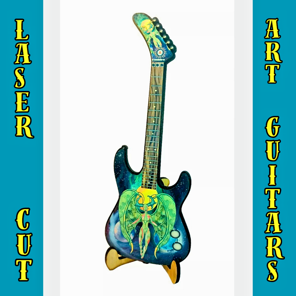Winged devil woman art guitar digital laser cut print pinup unique decor fantasy