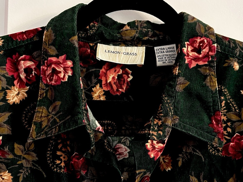 Vintage Corduroy Floral Button Down, Vivid Florals, Soft to Touch, 100% Cotton