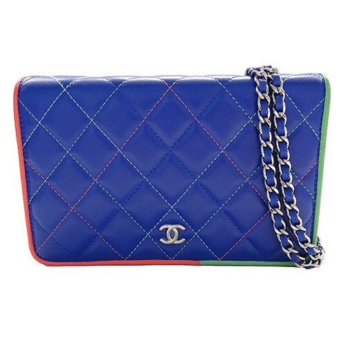 CHANEL Shoulder Wallet Shoulder Bag Lambskin Matelasse Blue Silver
