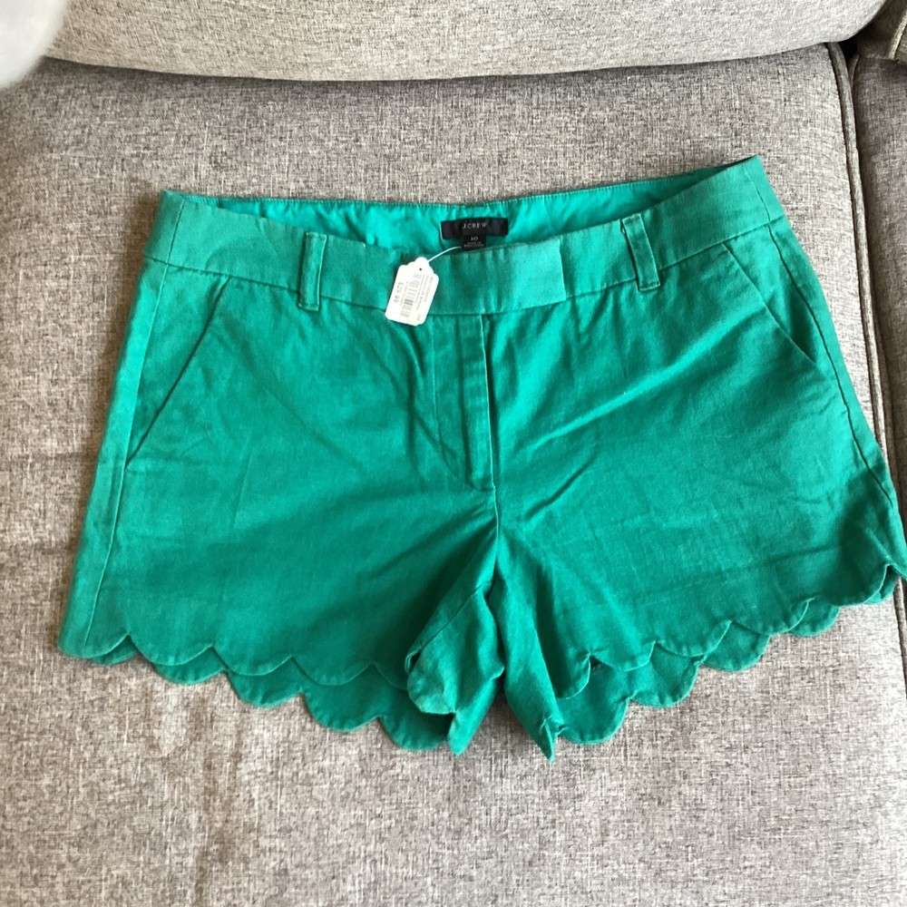 J.CREW Women's Chino Shorts Green Linen Size 10 Scalloped Hem Flat Front