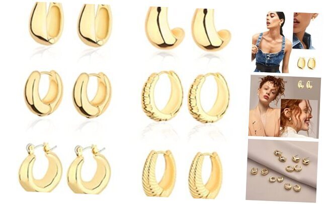 Chunky Hoop Earrings Set 14K Gold Hoop Earrings for Women 6 Prs Chunky Gold