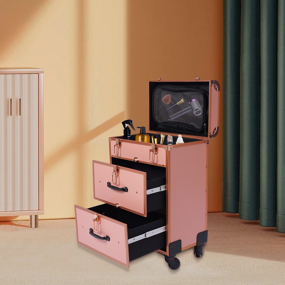 Large Rolling Makeup Case Trolley Makeup Organizer Cosmetic Storage Case Wheels