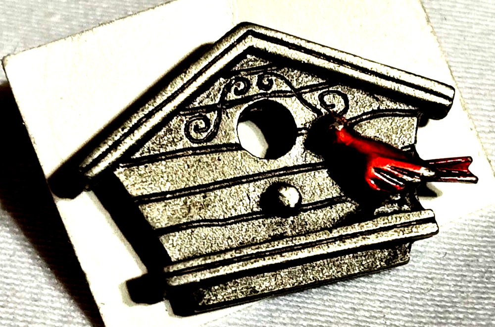 Lapel Hat Scarf Pin Figural Birdhouse Bird House VTG Enameled Red Cardinal