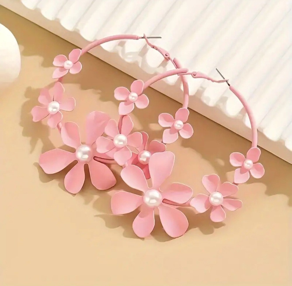 Big Pink Floral Earrings Unique Style Hoop Earrings Faux Pearls