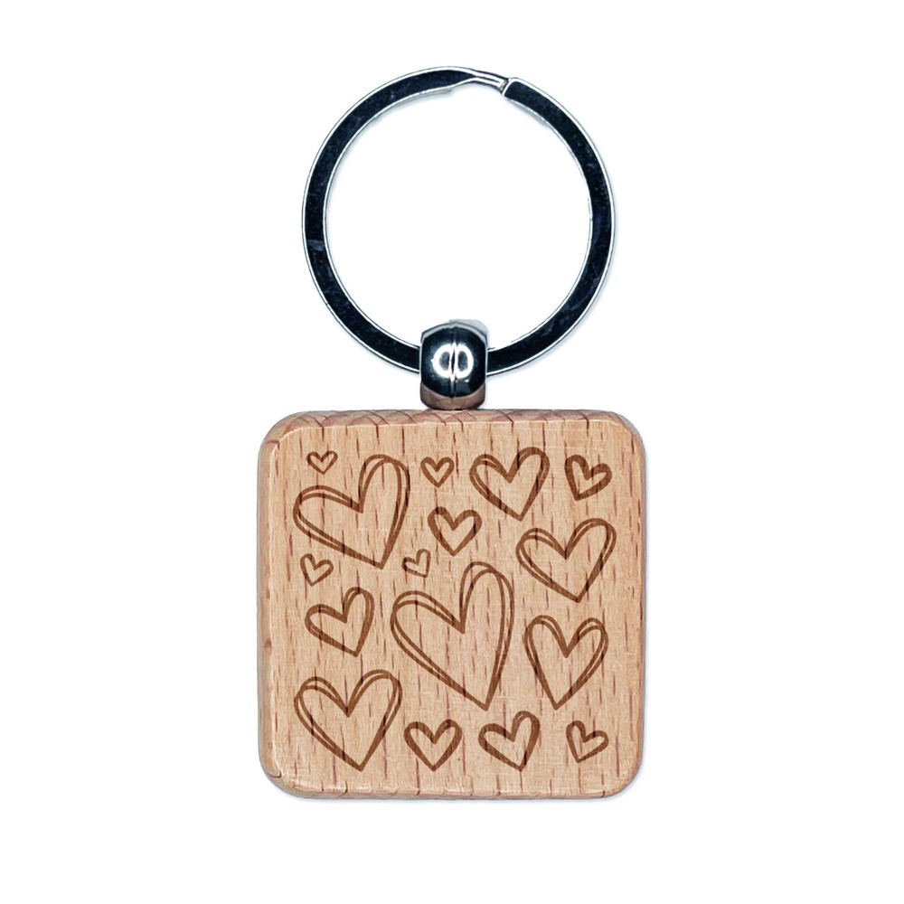 Sketchy Scattered Hearts Engraved Wooden Keychain Charm Tag  