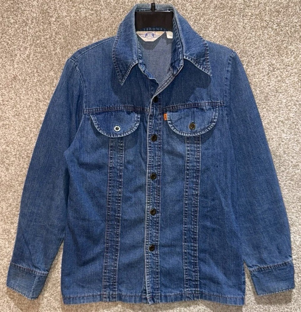 Vintage 70s Levi's Panatela Mens Denim Button Up Shirt Orange Tab Size Small USA