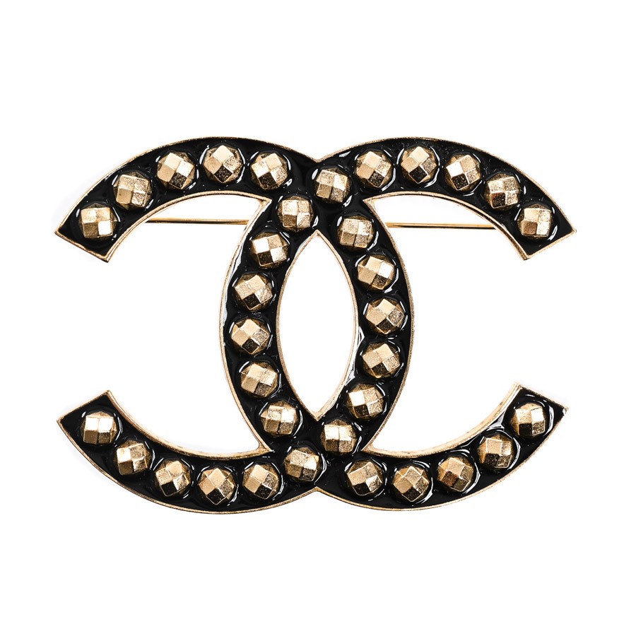 Chanel black brooch with gold-tone CC logo and crystal accents A 579698