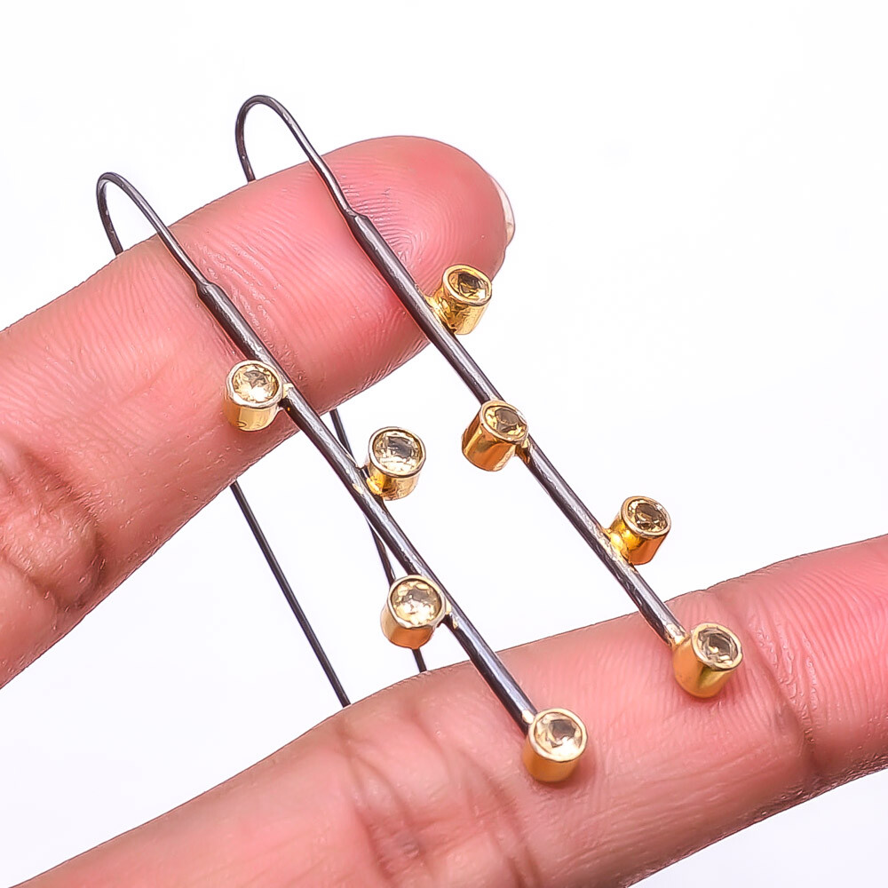 Citrine 925 Sterling Silver Black Gold Rhodium Plated Earrings 2.15 Inch E24
