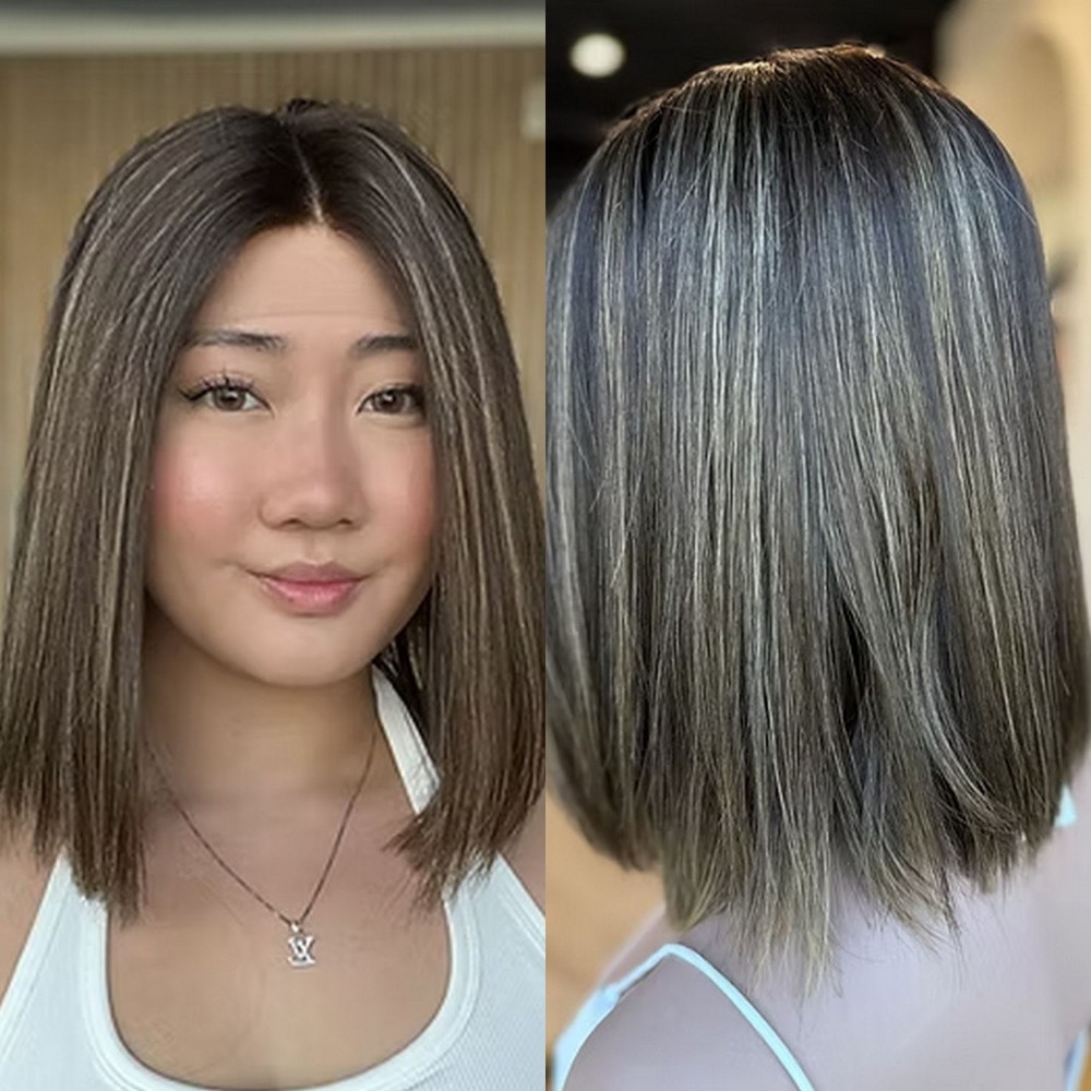 Ombre Brown Highlights Balayage Lace Front Wig Short Straight Bob Human Hair Wig