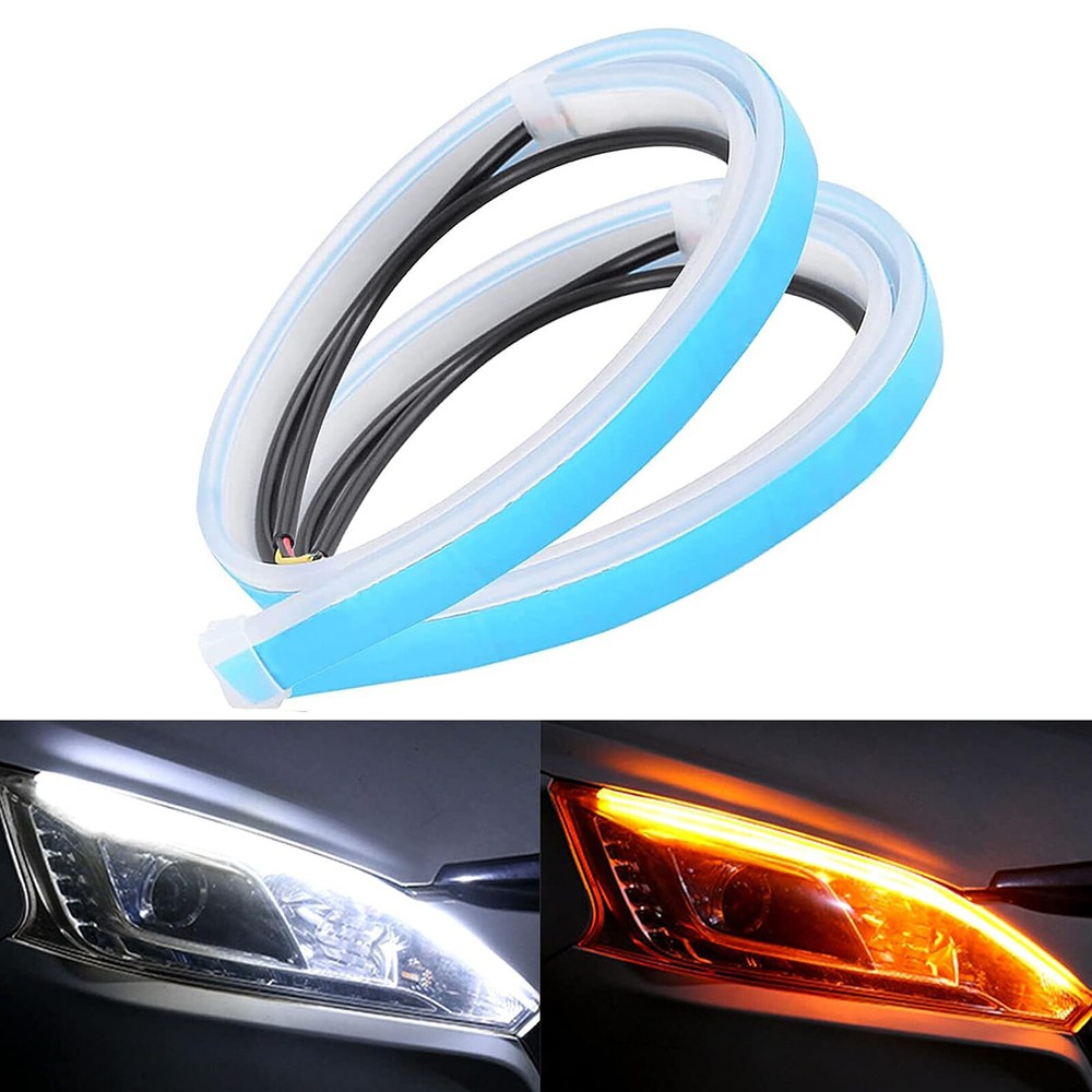 White Daytime Running Light Amber Sequential Turn Signal Lamp LED Tape Headlight