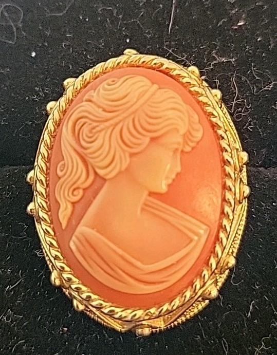Vintage Cameo Pin Brooch Pendant Sarah Coventry Signed Gold Tone Costume Jewelry