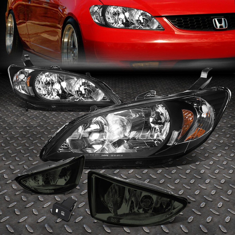 BLACK HEADLIGHT+AMBER CORNER SIGNAL+SMOKED FOG LAMP+SWITCH FOR 04-05 CIVIC 2/4DR