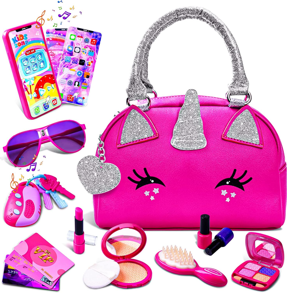 Unicorns Pretend Play Toddler Girl Purse with Makeup Toys Set Little Girls Purse
