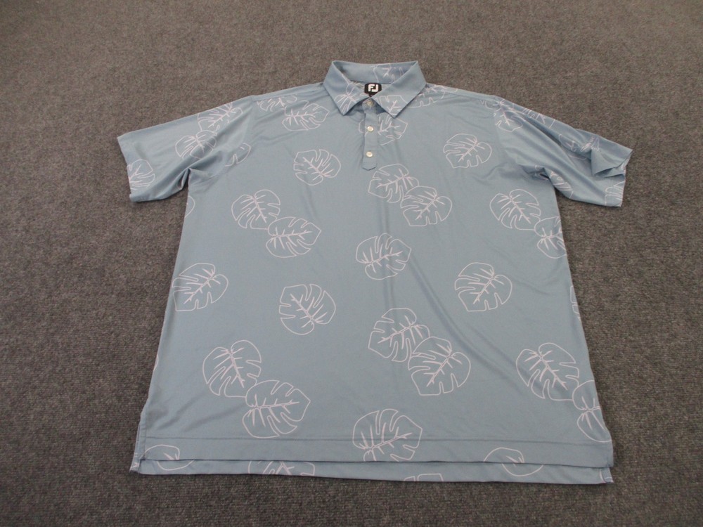Footjoy Polo Shirt Men 2XL Blue Leaf Print Golf Performance Stretch Sport Preppy