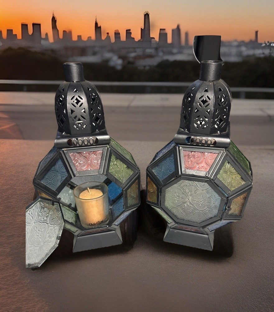 Vintage Stained Glass Candle Lantern Set of 2 Hanging Retro Decor