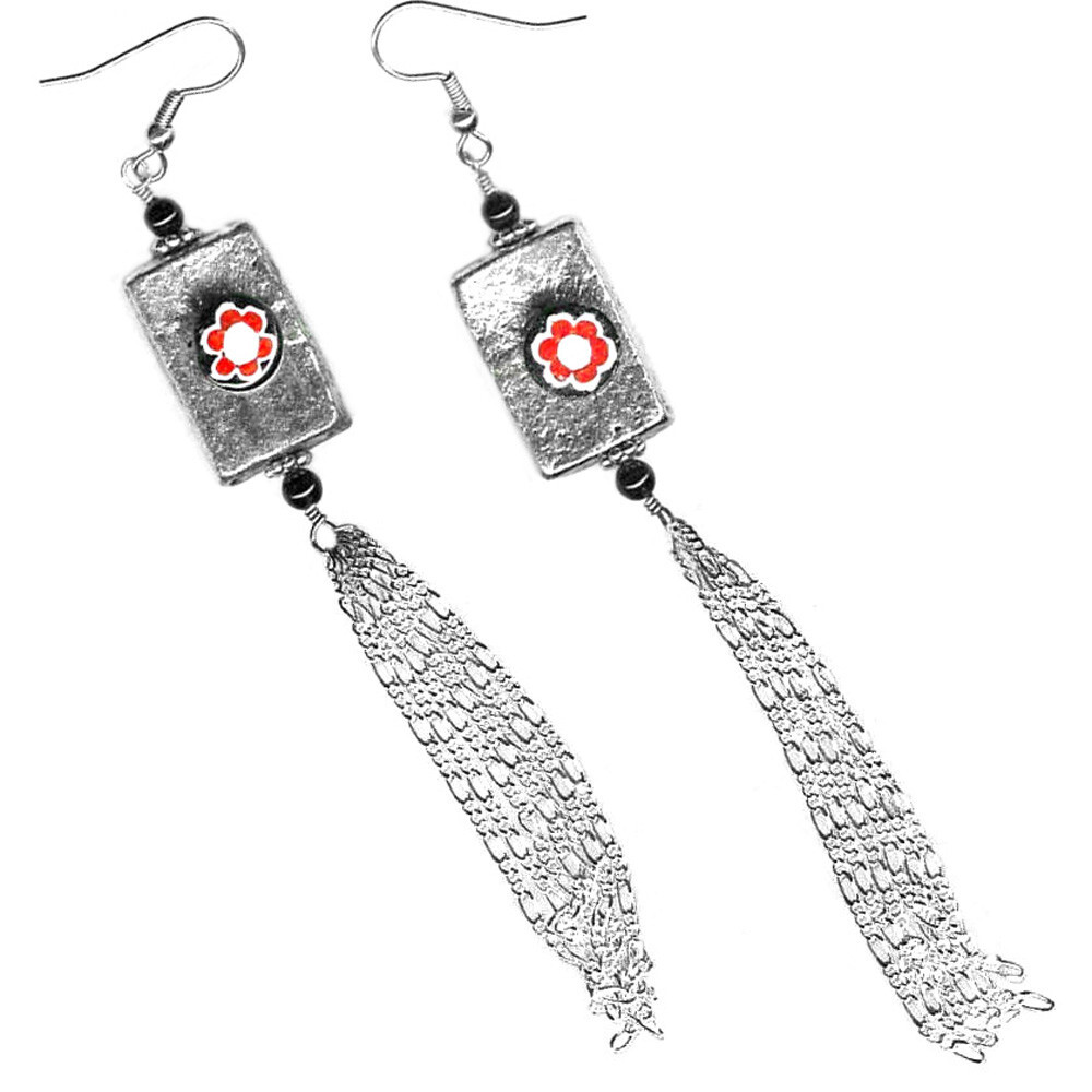 Pewter Rectangle Long Chain Tassel Earrings Black Millifiore Pierced or Clip On