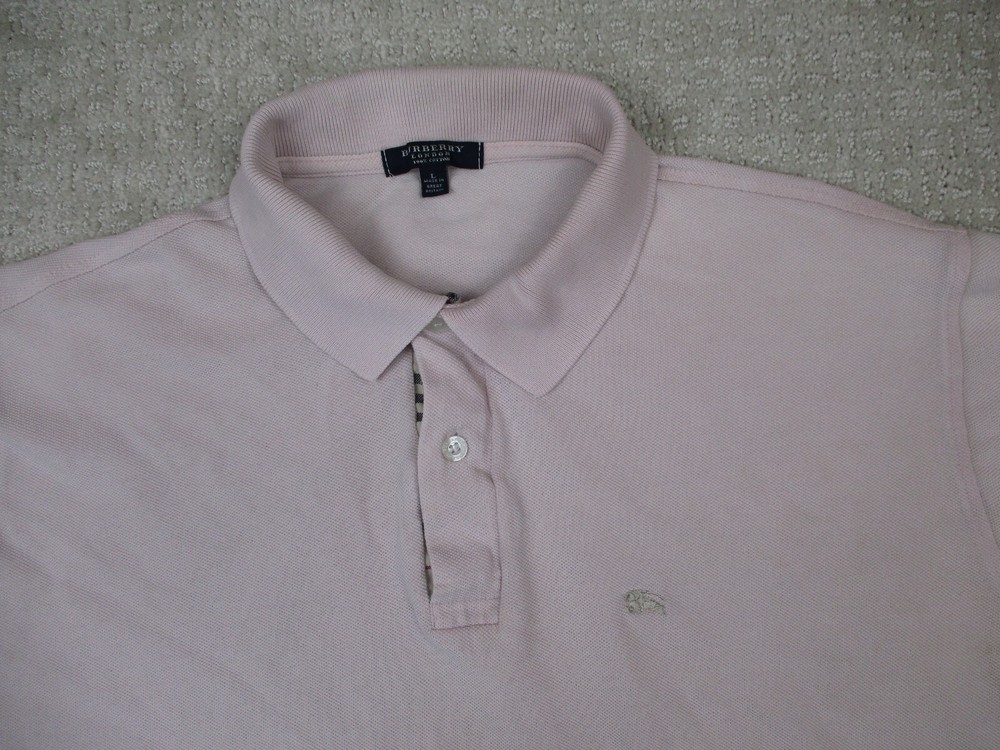 VTG Burberry Made In Great Britain Pink Polo Short Sleeve Shirt Mens L FLAWS