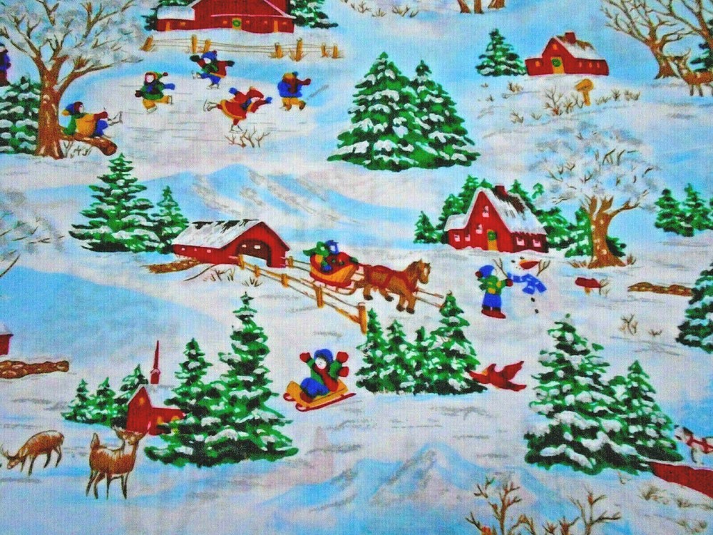 Christmas Fabric Short Yard Winter Wonderland Scene Blue Wht Snow Cotton #14 C