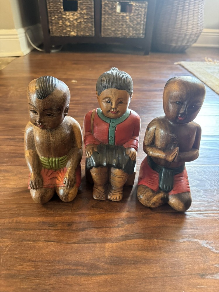 Vintage Chinese Wooden Carved Statue Set Of Three