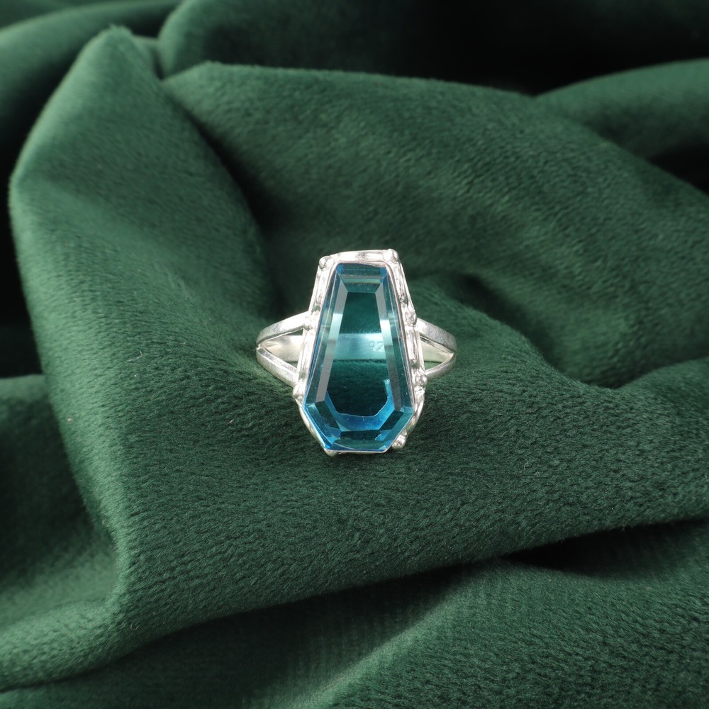 925 Sterling Silver Swiss Blue Topaz Coffin Band Ring - All Sizes US