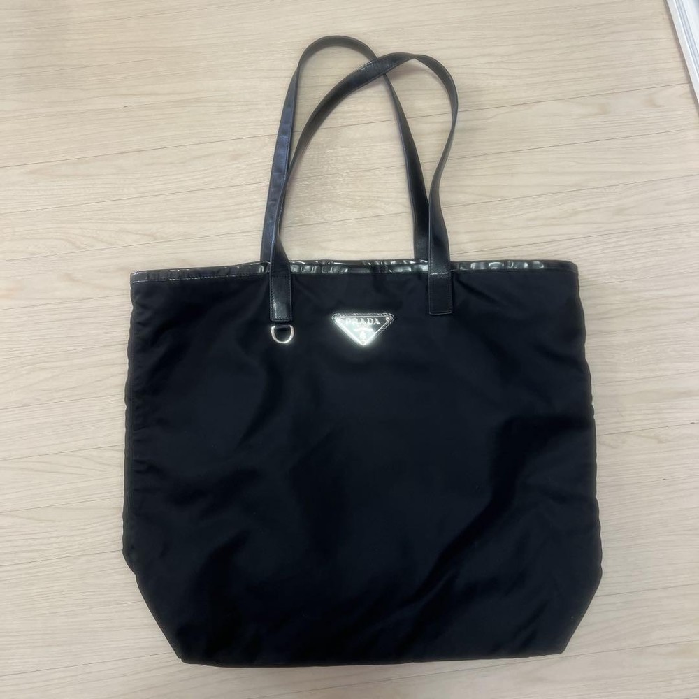 PRADA Black Nylon Tote Bag with Triangle Logo Plate Shoulder Carry From Japan