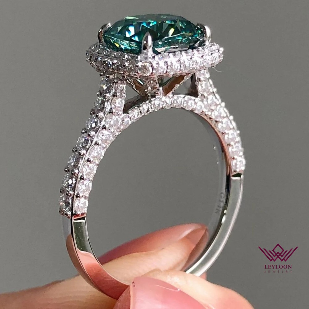 10K Gold Blue Green Cushion Cut Moissanite Halo Ring with Cathedral Setting