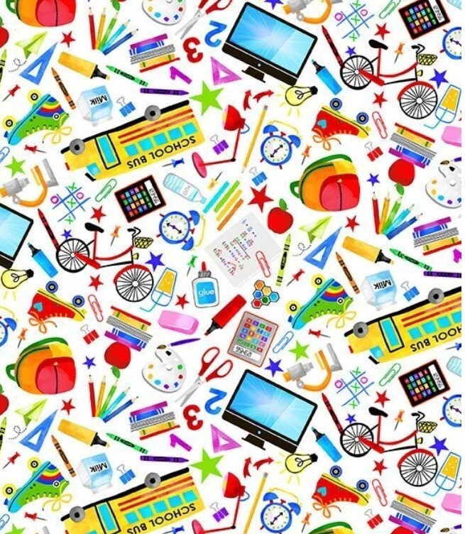 Back To School, Teacher, School Bus Fabric!Cotton•1 yd•BTY•White/Multi•FastShip!-image
